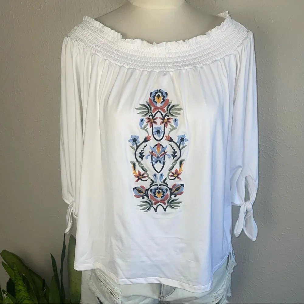 Roper White Embroidered Peasant Top L | Off Shoulder Boho Western Blouse Festiva Size L - Image 4