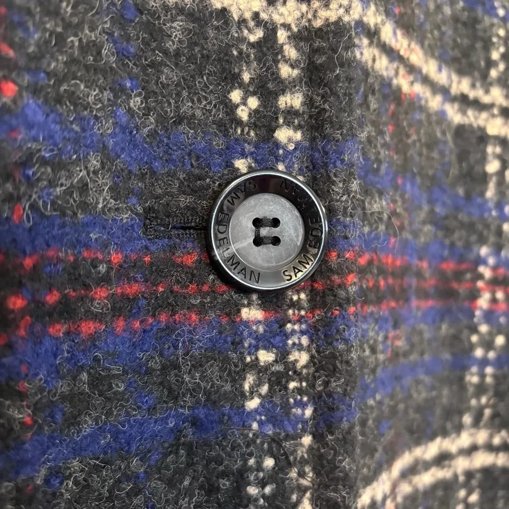 Women’s Sam Edelman charcoal plaid bouclé wool blend faux fur trim coat size 14 - Image 10