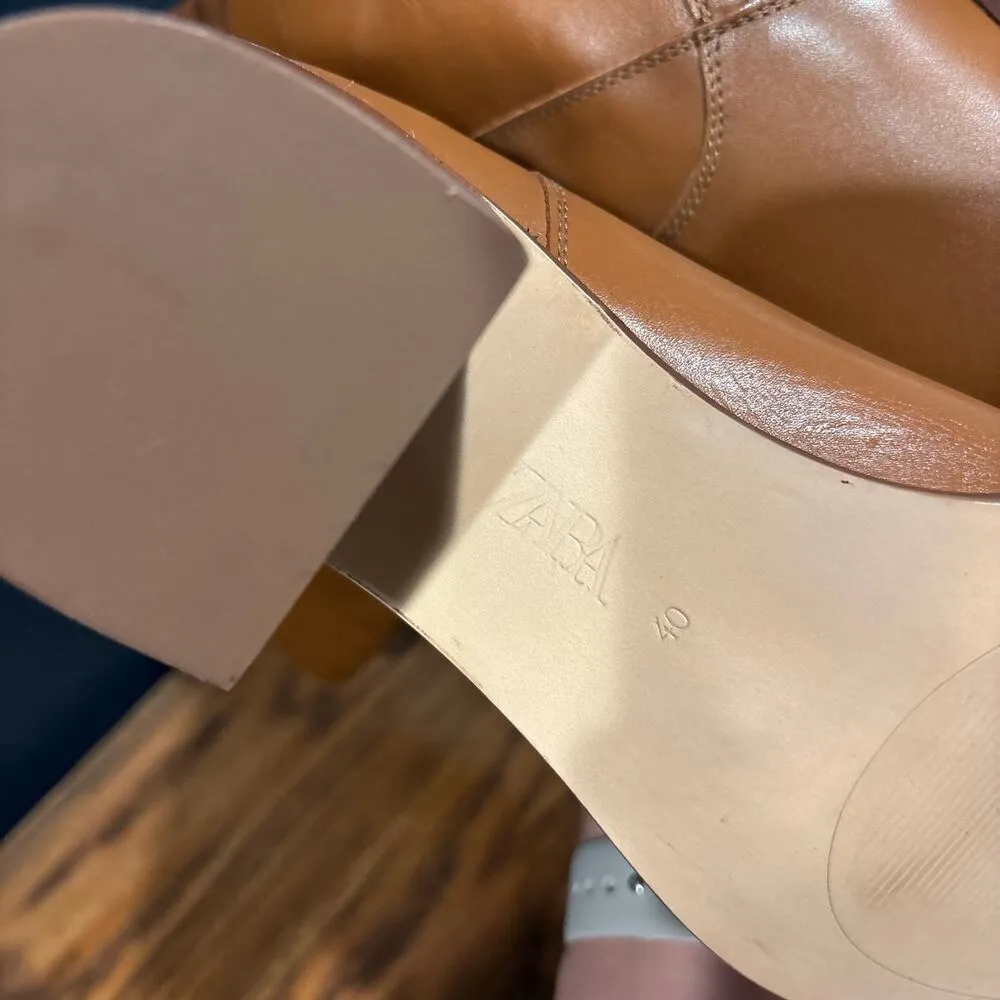 Zara Leather Knee High Block Heel Pull On Boots - Image 7