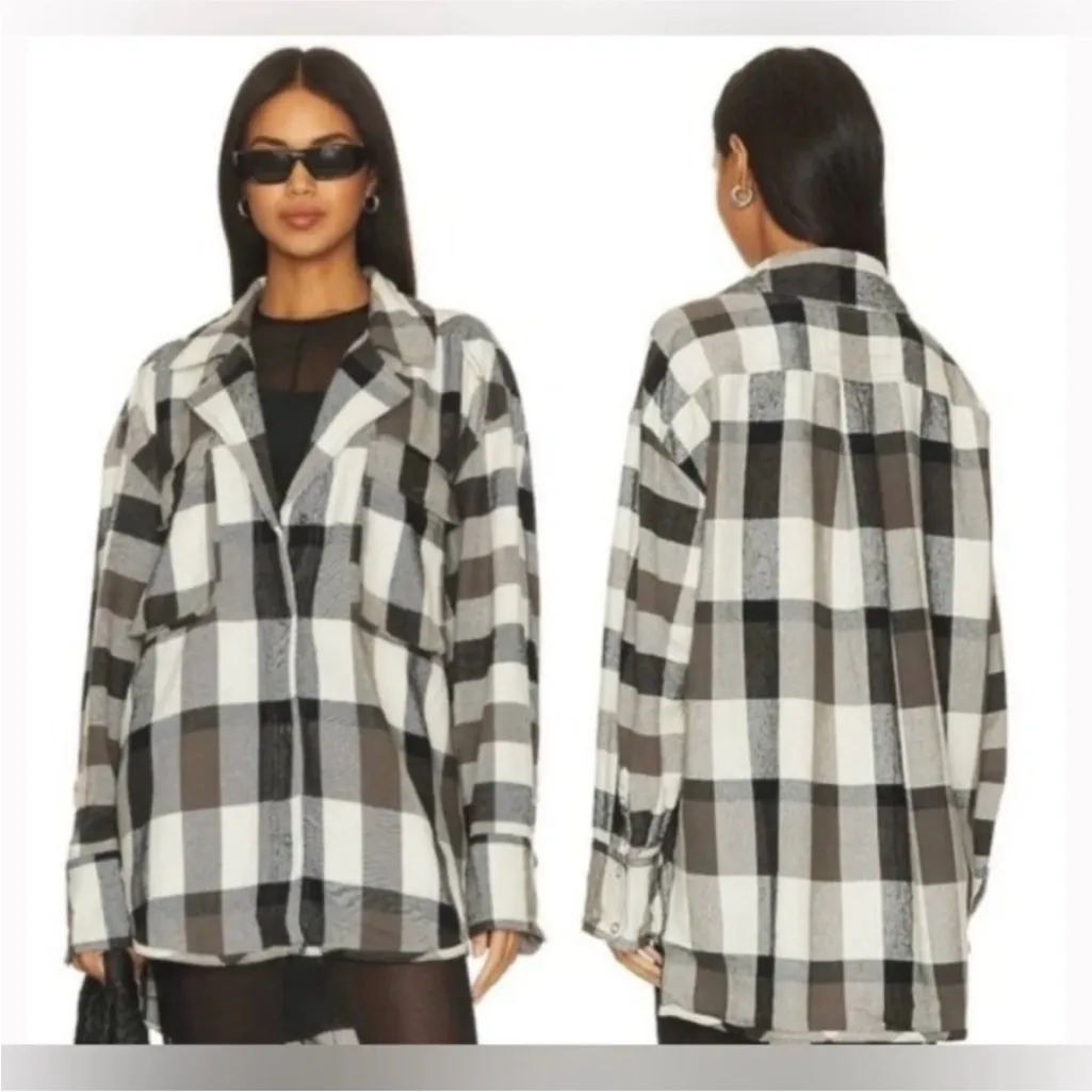 Free People We the Free Izzy Plaid Flannel Cargo Shirt Shacket in Black /Cream - Image 8