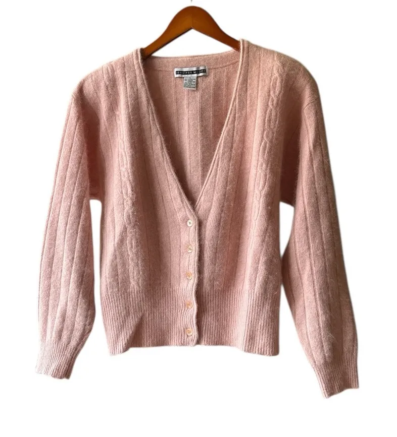 Jennifer Moore Women’s L Pink Lambswool Angora Padded Shoulder Cardigan Sweater - Image 1