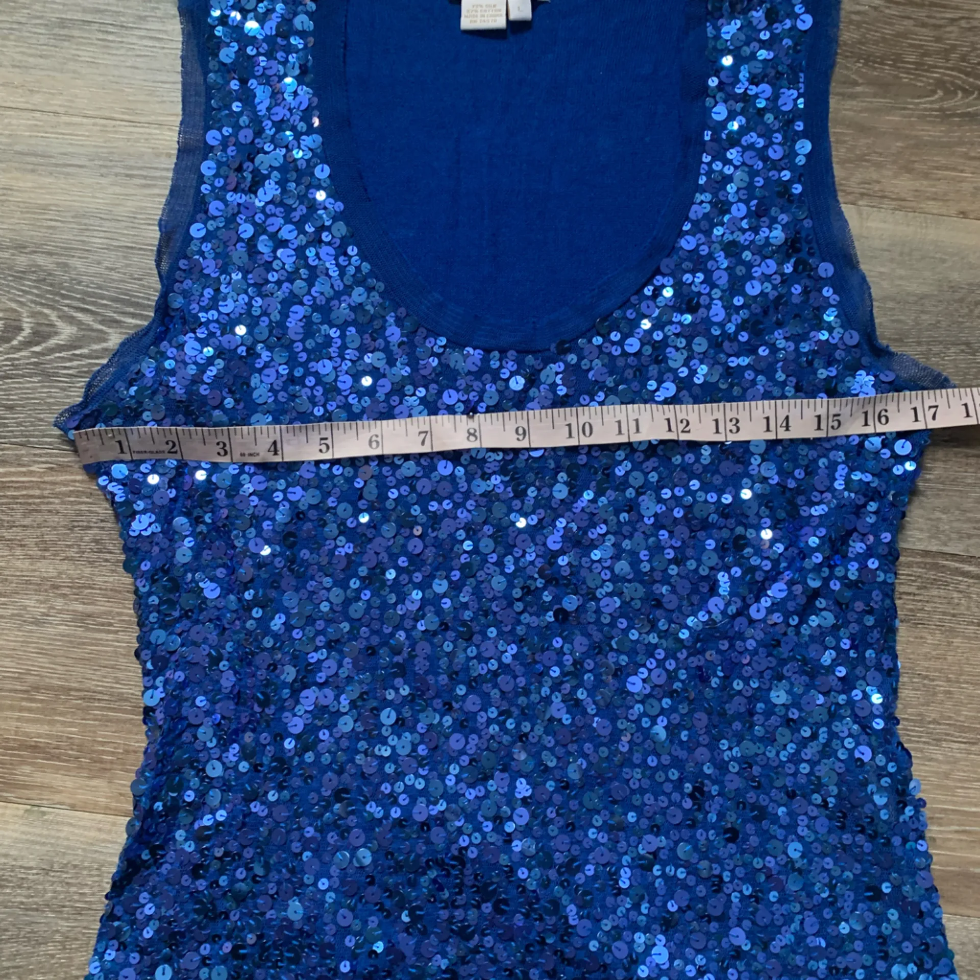 Caché Luxe Blue Sequin Silk Sleeveless Top L - Image 3