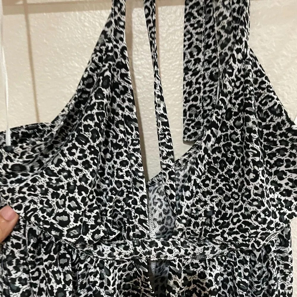 Rebecca Taylor Snow Leopard Halter Maxi Dress Goddess Boho Animal Print Party M - Image 4