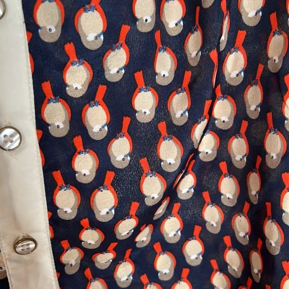 Vintage Metallic Sky Navy Blue Orange Bird Blouse Size Medium - Image 3