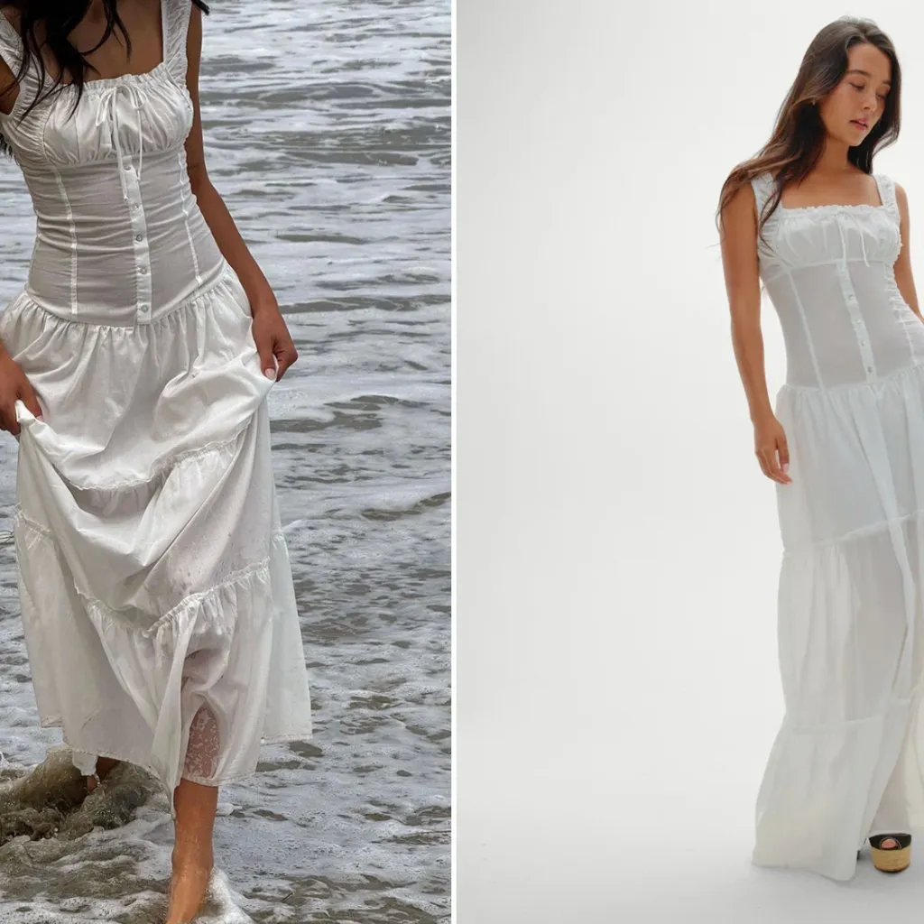 Frankie's Bikinis Christabelle Ruffle Maxi Dress in Sunrose White Large $170 - Image 2