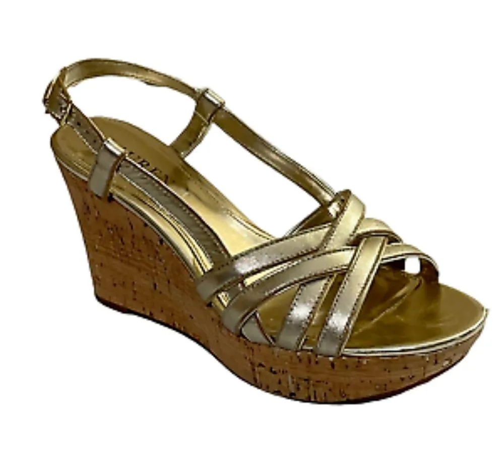 NEW LAUREN Ralph Lauren Gold Metallic Leather Platform Wedge Sandals Wom… - Image 4