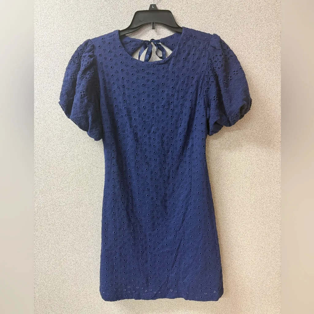 Free People Women Size Small Apricot Rose Puff Sleeve Eyelet Indigo Mini Dress‎ - Image 3