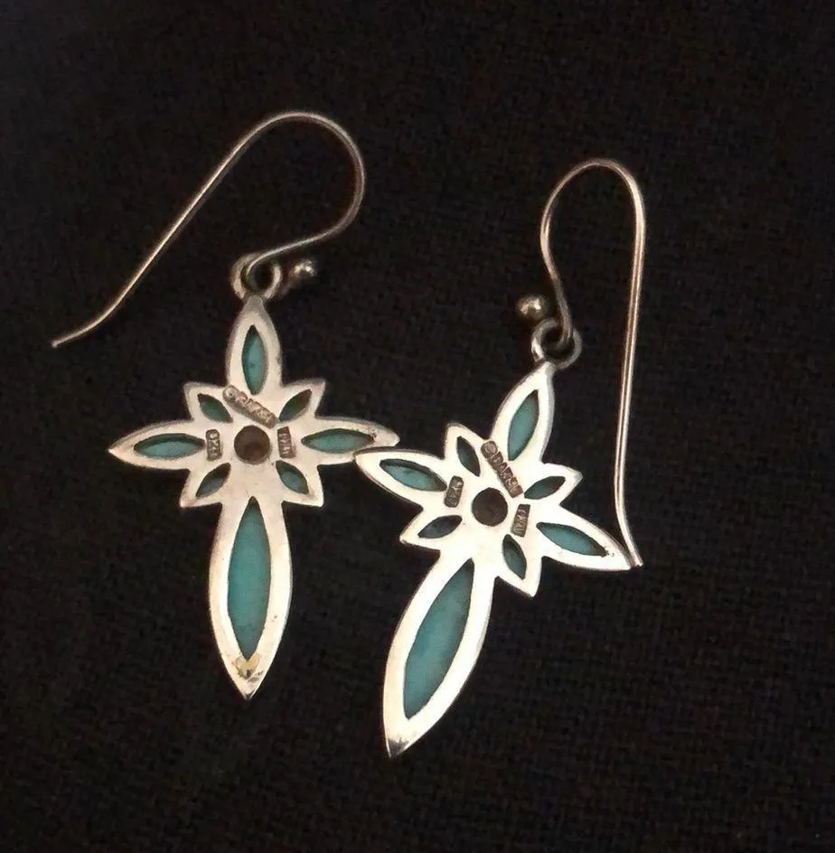 BARSE Turquoise Sterling Silver Elongated Floral Drop Dangle Earrings Vintage - Image 4