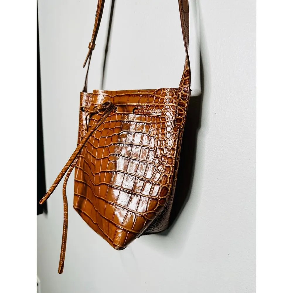 MANSUR GAVRIEL Brown Crocodile Embossed Drawstring Mini Bucket Bag Purse - Image 3