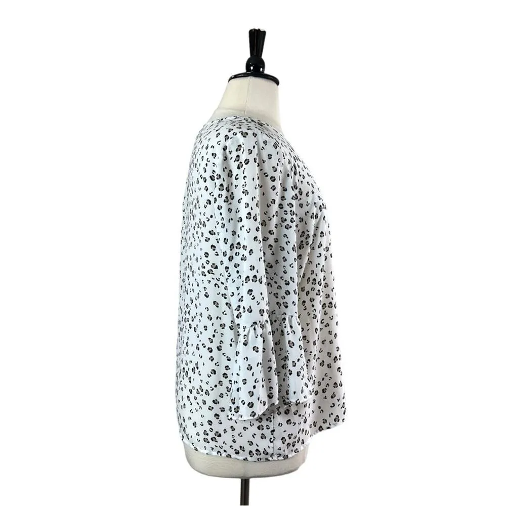 Elle Blouse Top Ruffle Bell Sleeve Pullover White Black Leopard Women’s Size XL - Image 3