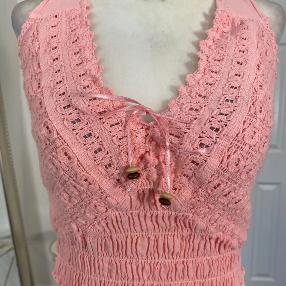 Mermaid Siren Salmon Pink Crochet Lace Halter Mini Crop Cropped Top S / M - Image 5