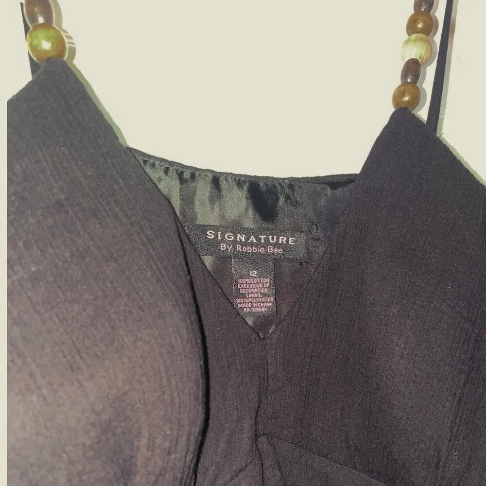 Formal Black Dress Wood Beads Strap by Robbie B Size 12 100% Cotton Lined Ruffle - Image 4