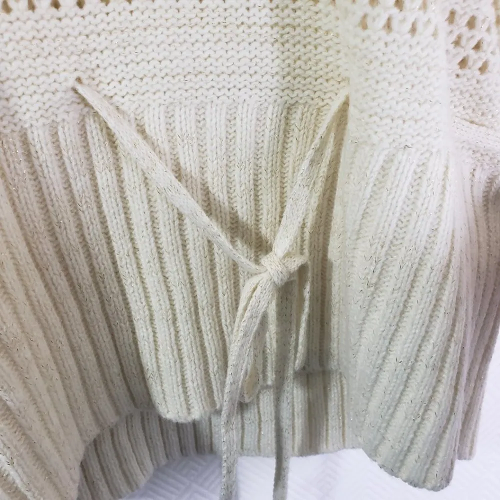 UNITED STATES SWEATERS Medium Ivory Cream Metallic Open Knit, Cowl Neck Sweater - Image 5