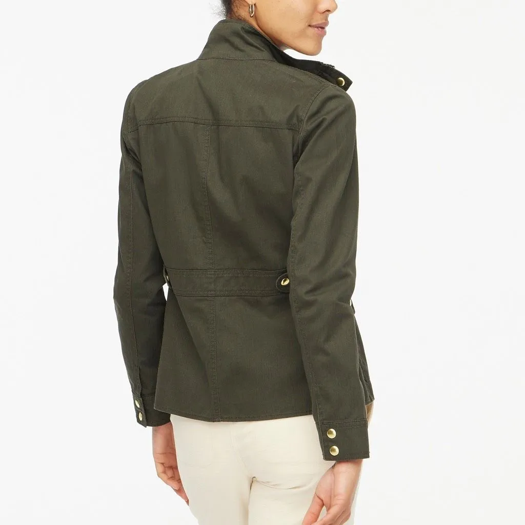 J Crew Size XXS Jacket Resin Coated Twill Dark Green Gold Snap Zip‎ Pockets 403 - Image 9
