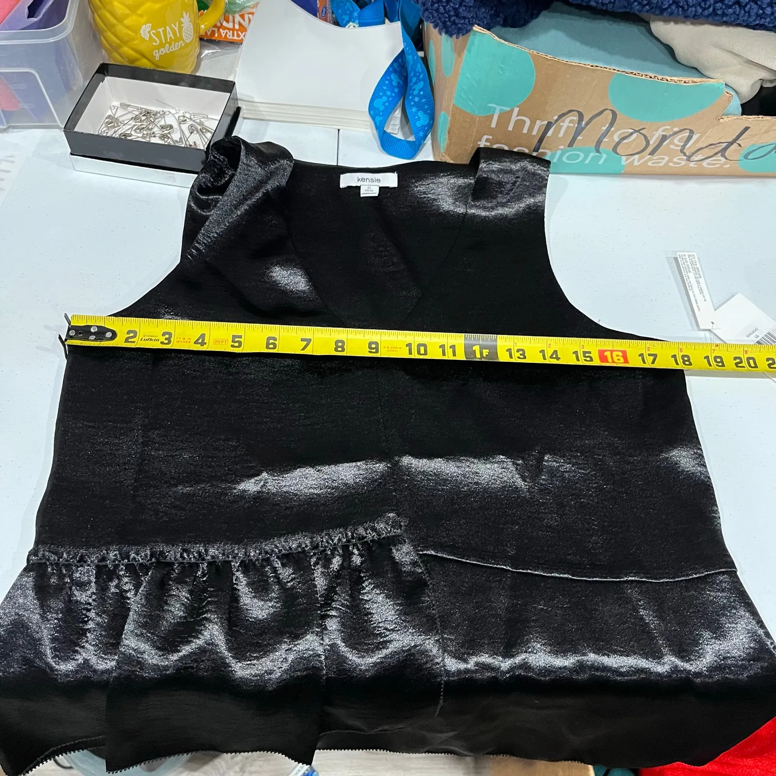 New Kensie Black Satin Asymmetrical Tank Blouse Goth Sexy Date Night Small - Image 7