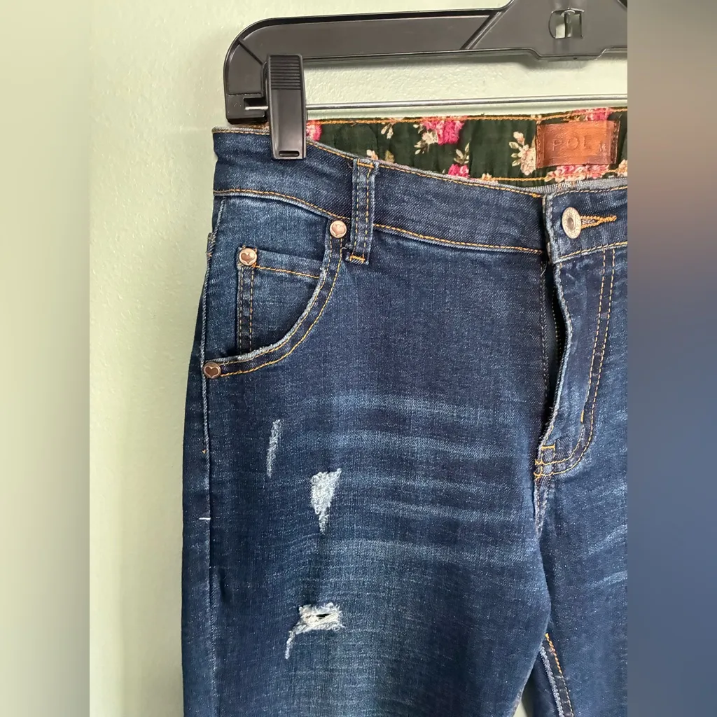 POL Dark Blue Distressed Cropped Kick Flare Jeans Size M - Image 3