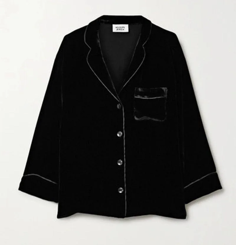 Sleepy Jones Marina Grosgrain-trimmed Silk Blend Black Velvet Pajama Shirt S - Image 1