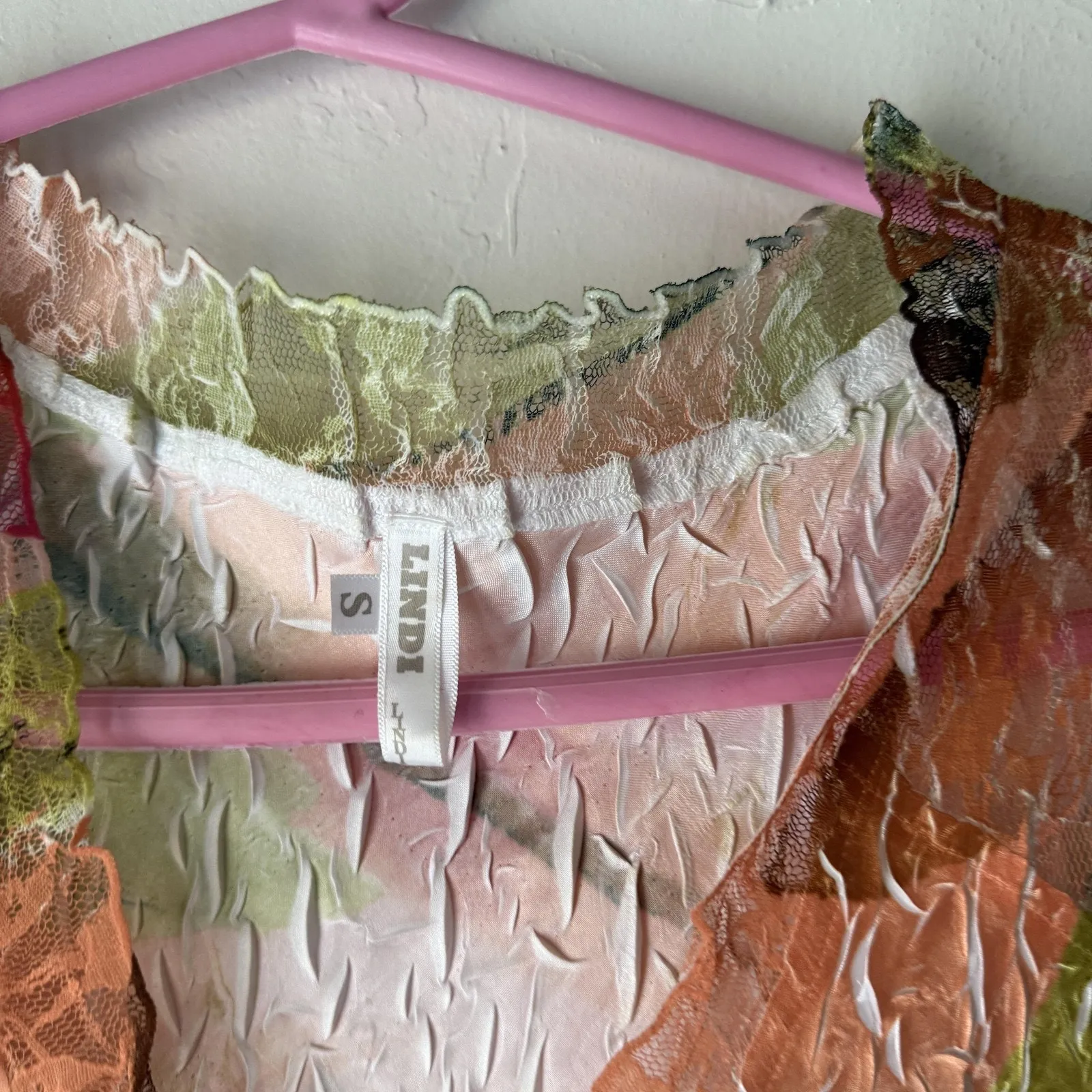 LINDI Dress Womens Small Mesh Sheer Crinkle Boho Y2k‎ Flare Sleeve Retro - Image 4