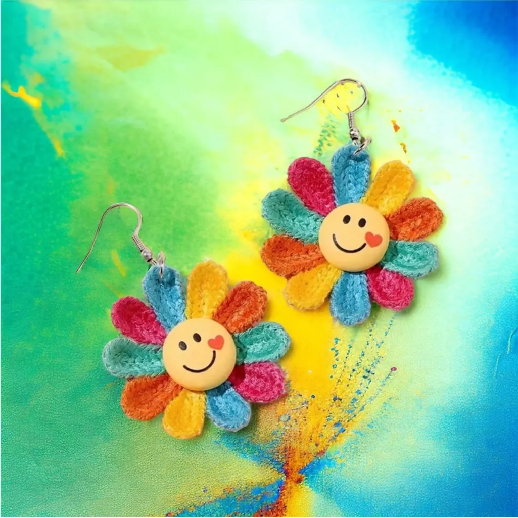 Rainbow Color Sunflower Smiling‎ Face Design Dangle Earrings Cute Knit Style Yellow - Image 2