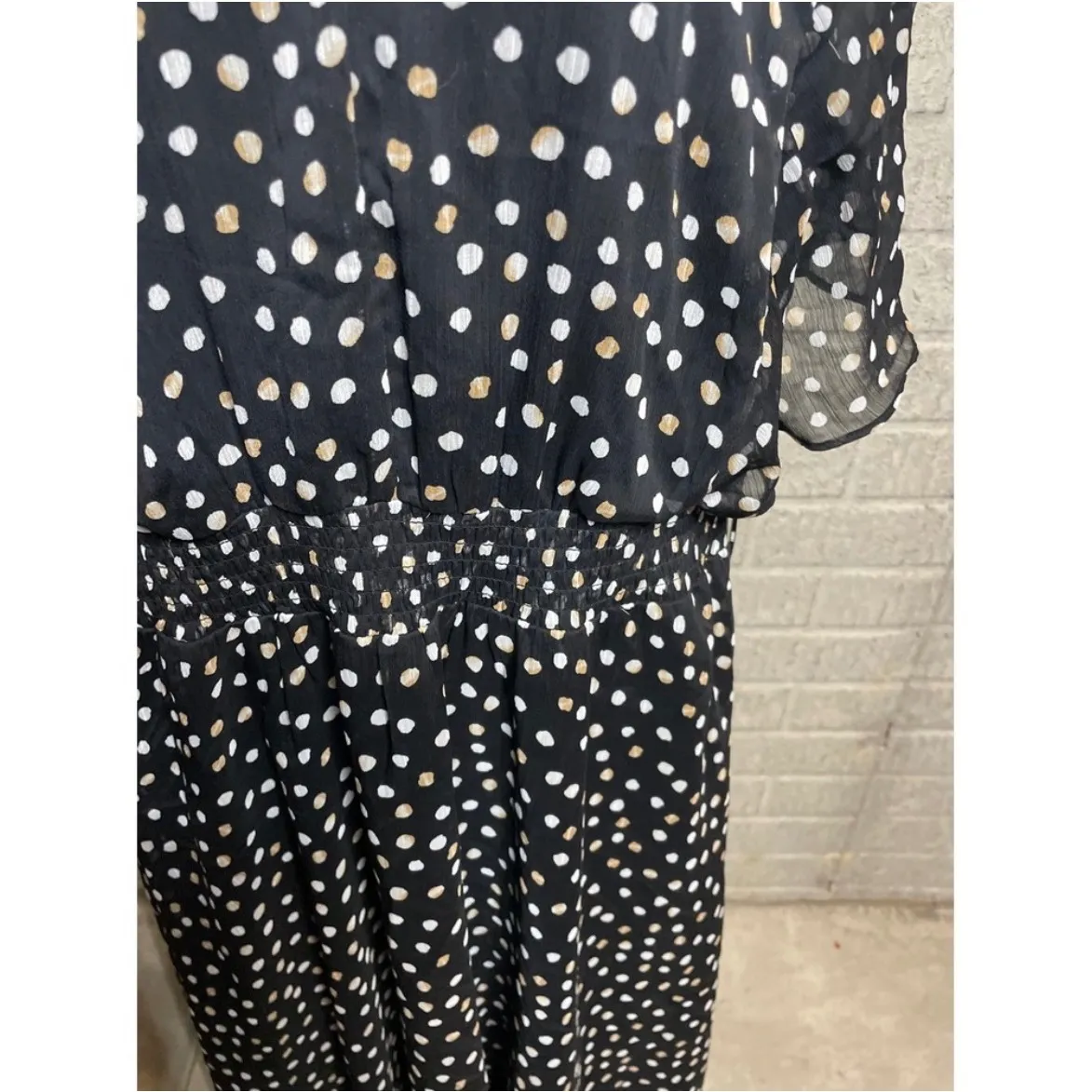 DKNY Black Tan Polka Dot Midi Dress Elastic Waist Flutter Sleeve Womens 18W - Image 2