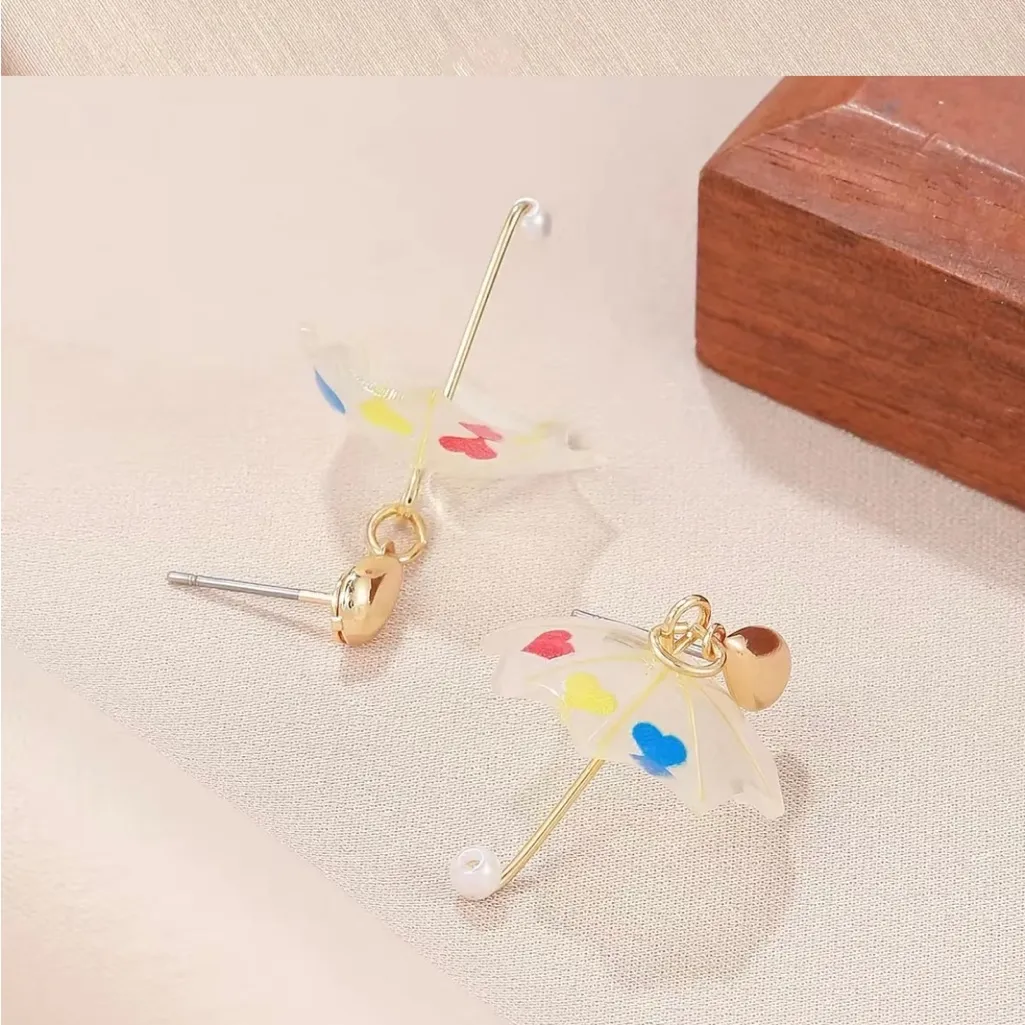 1 Pair Love Heart Pattern Cute Small Umbrella Dangle Earrings Gold Plated Faux F - Image 5