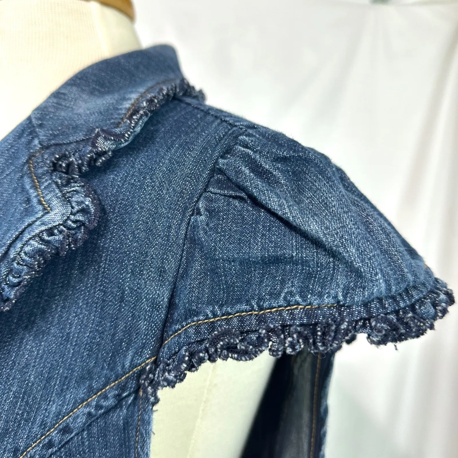 BANDOLINO Y2K 2000s Blue Denim Fitted Cropped Blazer Jacket Puff Sleeve Women 12 - Image 3