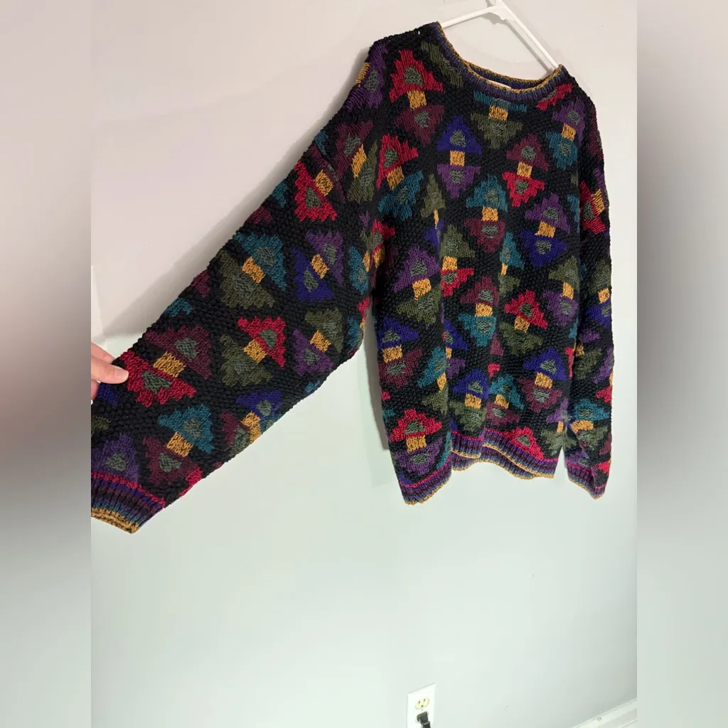 VTG NORTHERN ISLES Nordic Grandpa Sweater Funky Chunky Knit Multi Color Size XL Black - Image 4