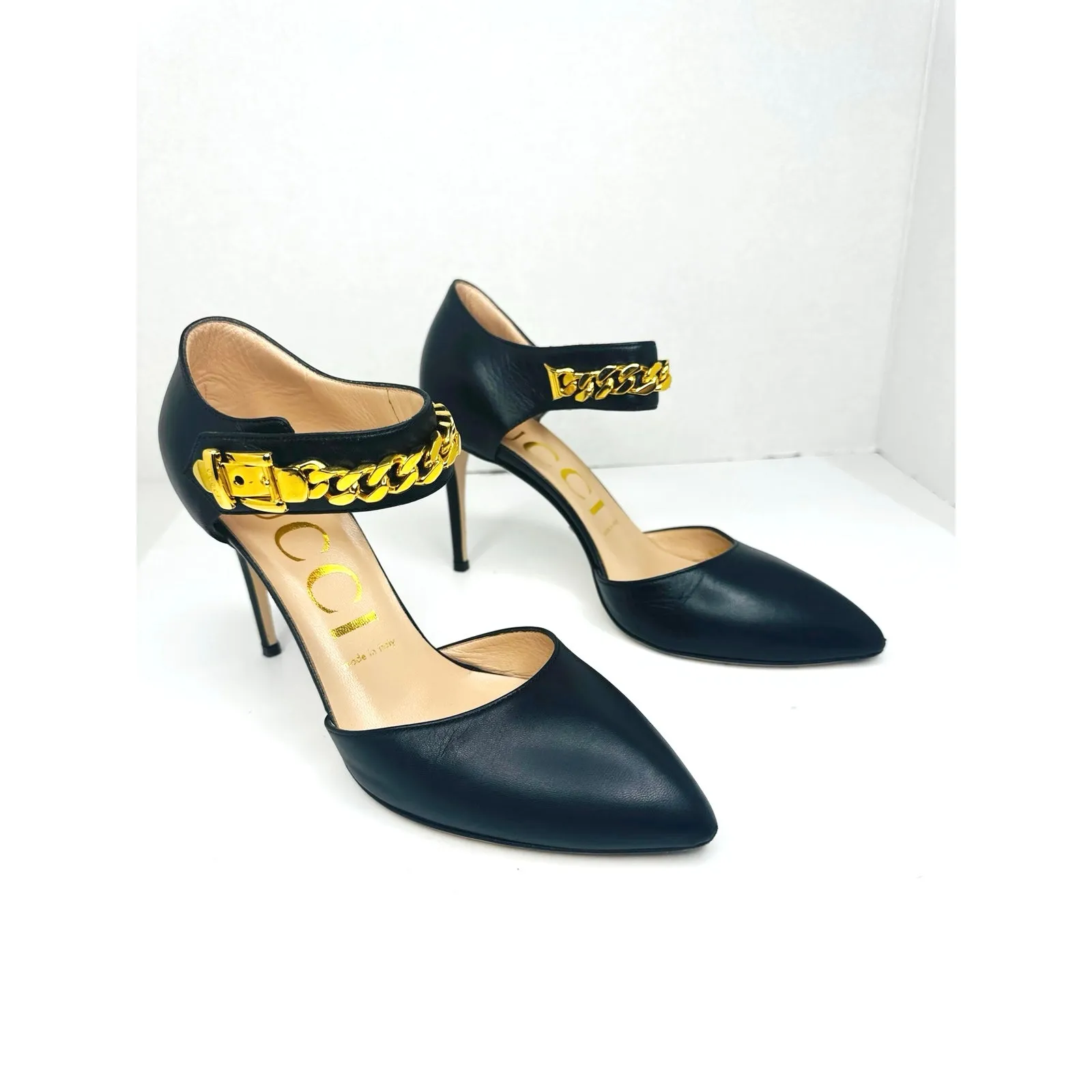 Gucci Black Malaga Kid Leather Sylvie Chain Pumps EU 38.5 Classic High Heel - Image 9