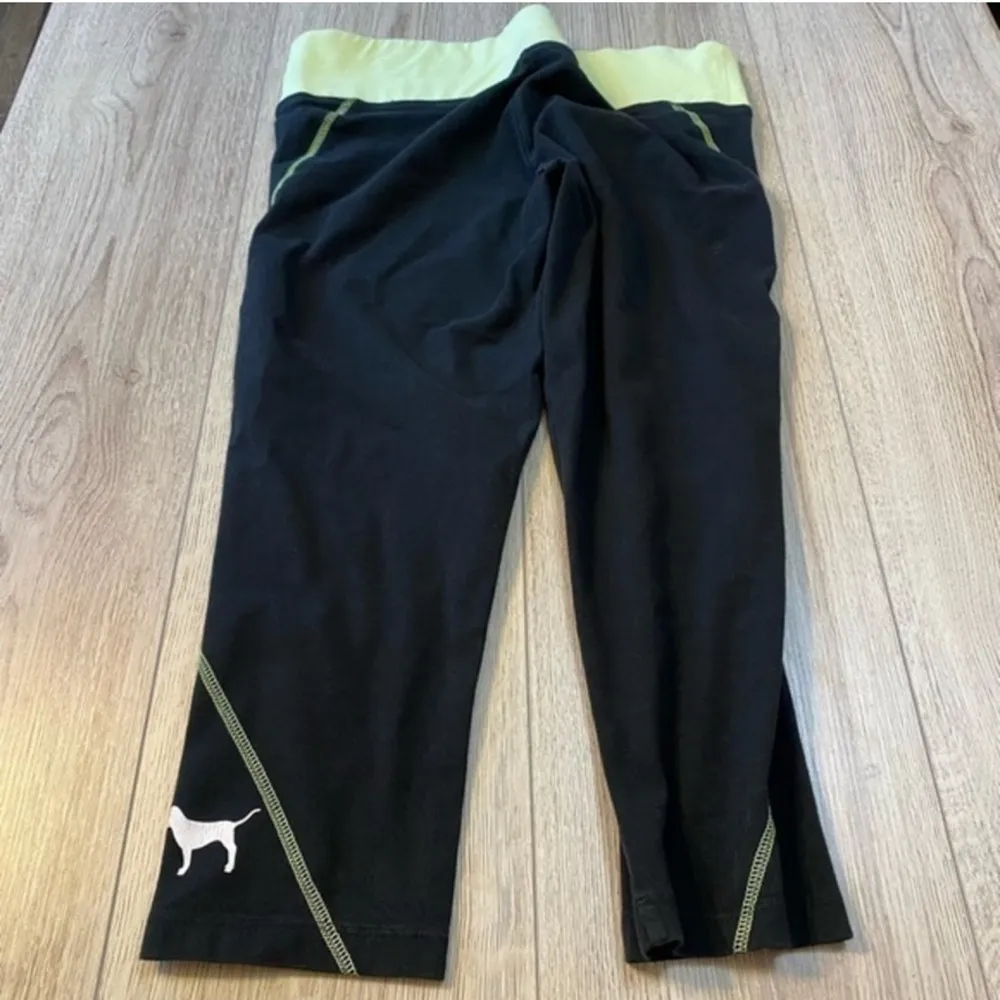 PINK Victoria's Secret Black Green Athletic tights capri crop cropped Leggings - Image 2