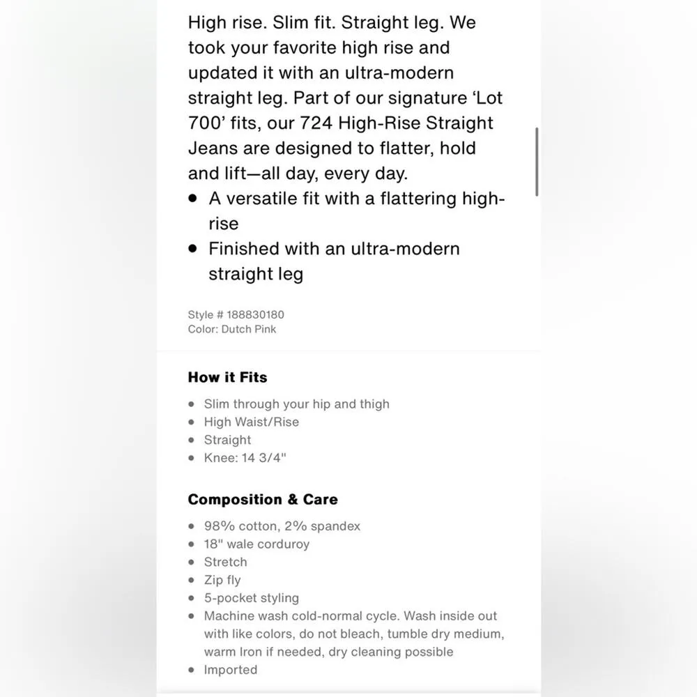 NWT Levi's 724 High Rise Slim Straight Corduroy Pants Mint Green  W28  L32 $70 - Image 5