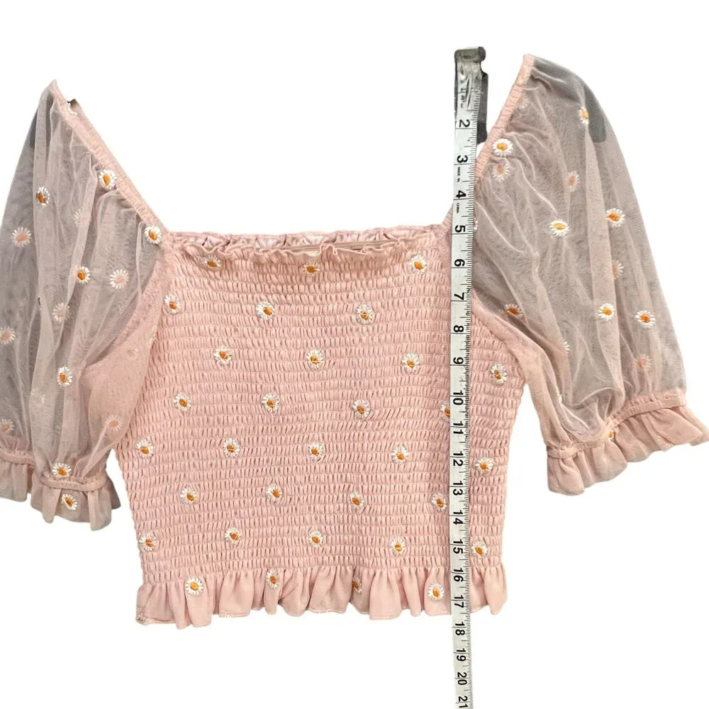 Altar'd State Crop Top Womens M Pink Embroidered Daisy Smocked Ruffle Coquette - Image 6
