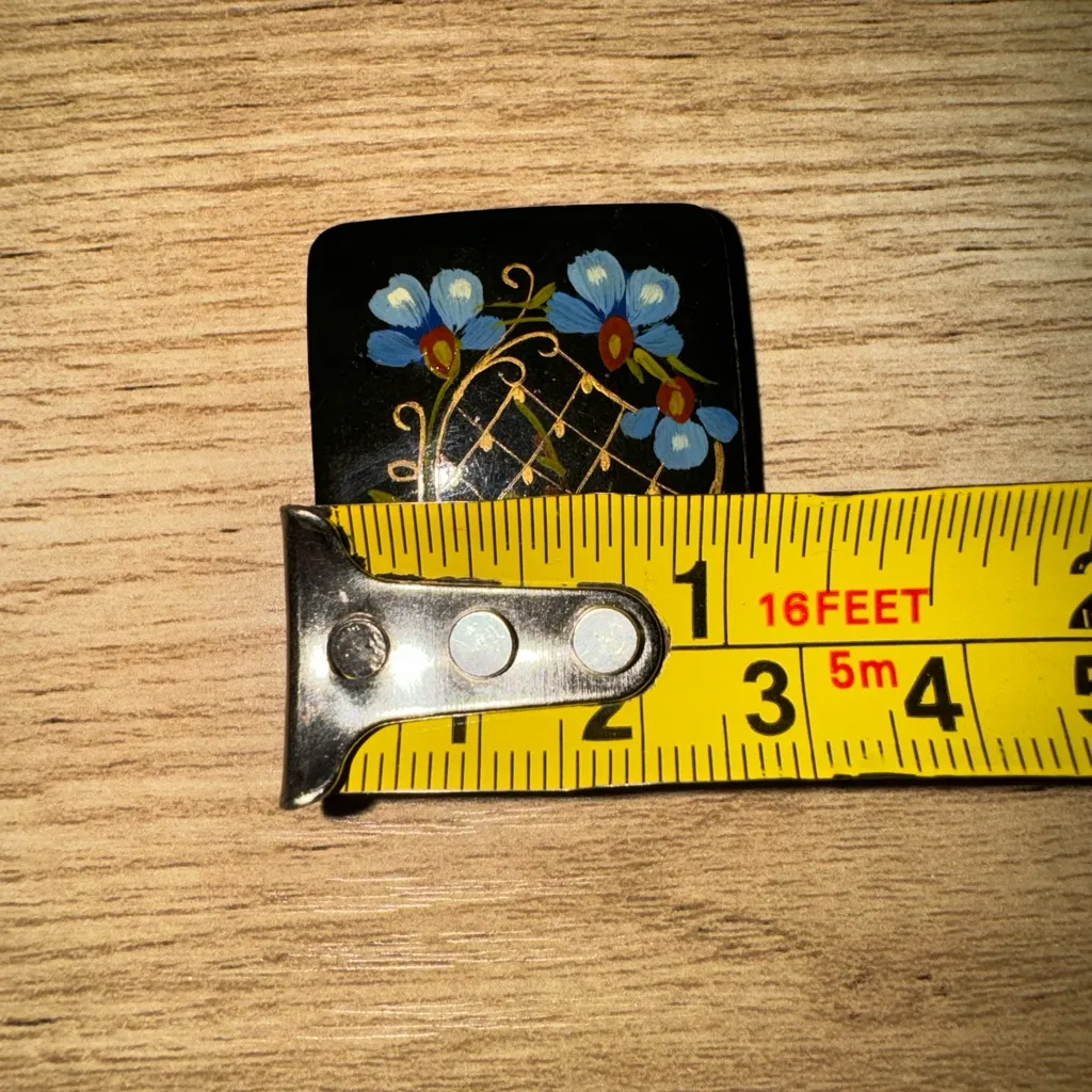 Vintage Signed Black Enamel Metal Russian Hand Painted Rectangular Brooch Pin‎ - Image 4