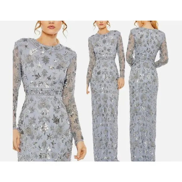 Mac Duggal 93939 Slate Blue High Neck Embellished Long Sleeve Column Gown 8 $798 - Image 2