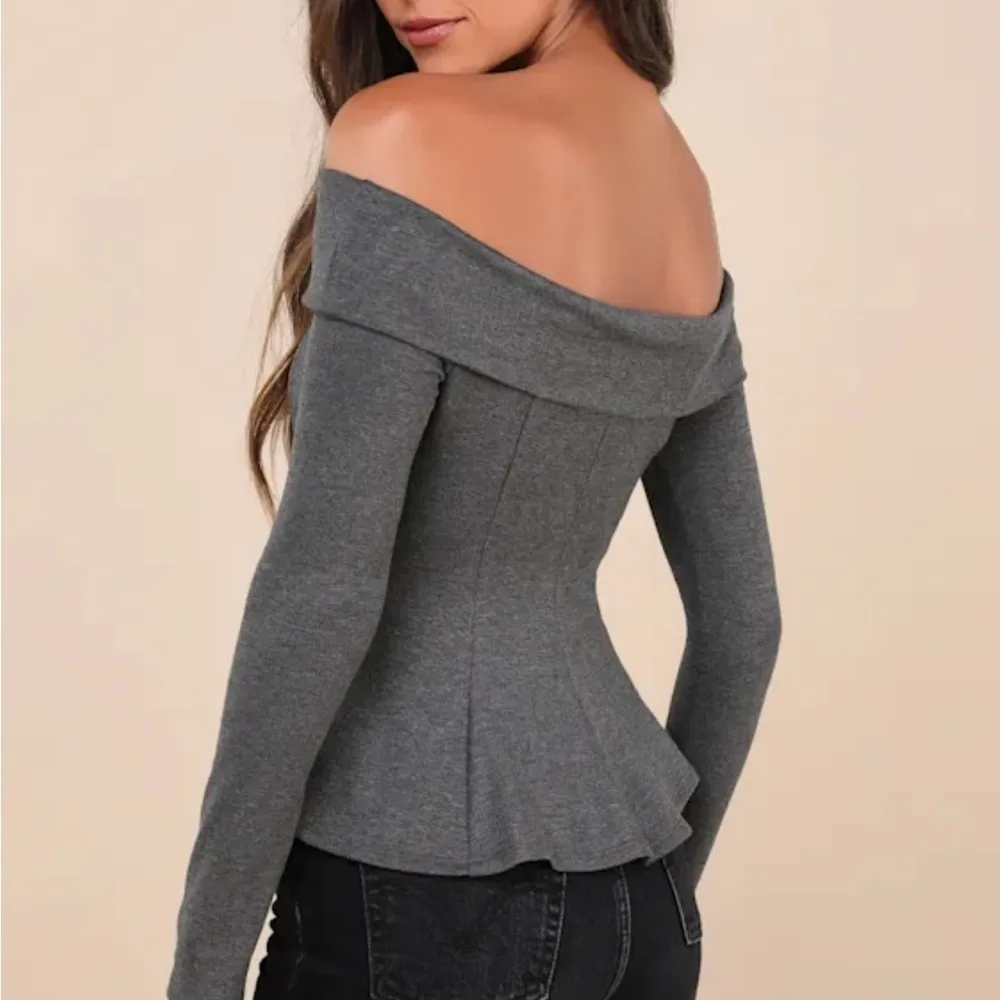 NWT Lulu’s Flattering Pick Dark Grey Off the Shoulder Long Sleeve Peplum Top - Image 2
