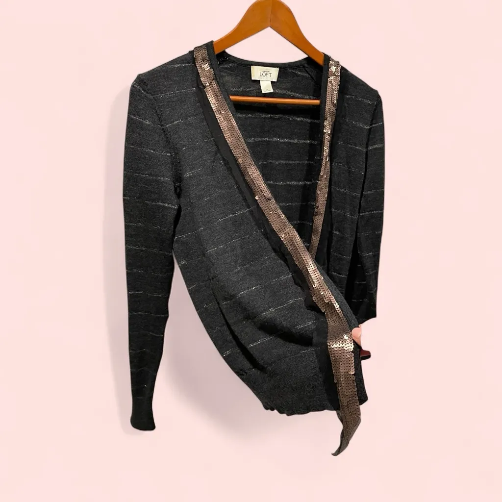 Cute loft lightweight wool blend charcoal metallic stripe mesh sequin sweater - Image 2