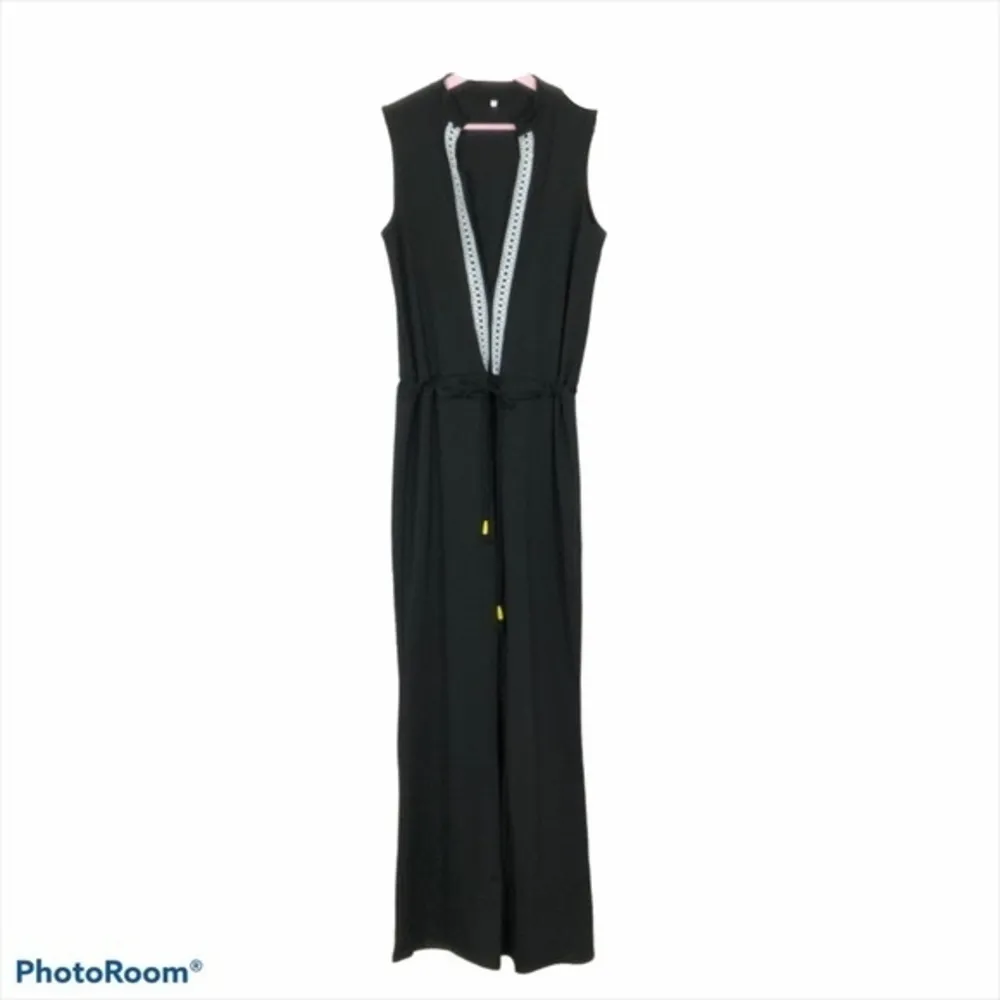 Vintage Deep‎ V Sleeveless flare leg jumpsuit Medium Black - Image 2