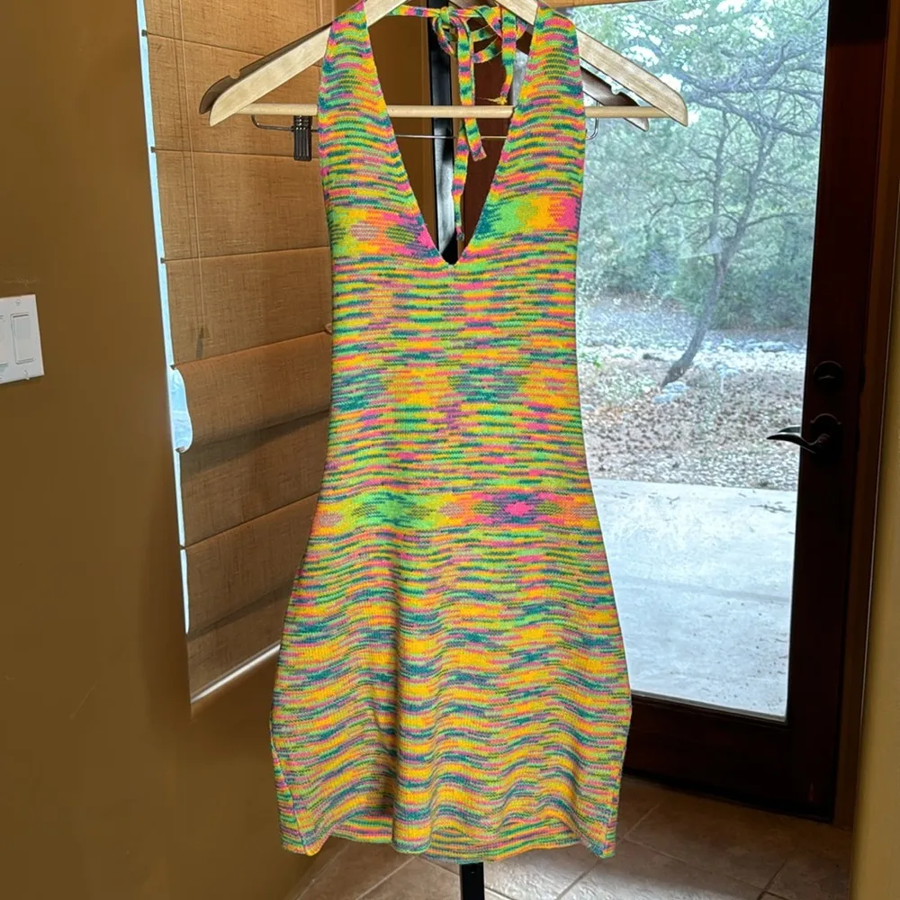 Beginning Boutique Elaina Halter Mini Dress Multi Rainbow Knit Dress Size Large - Image 8