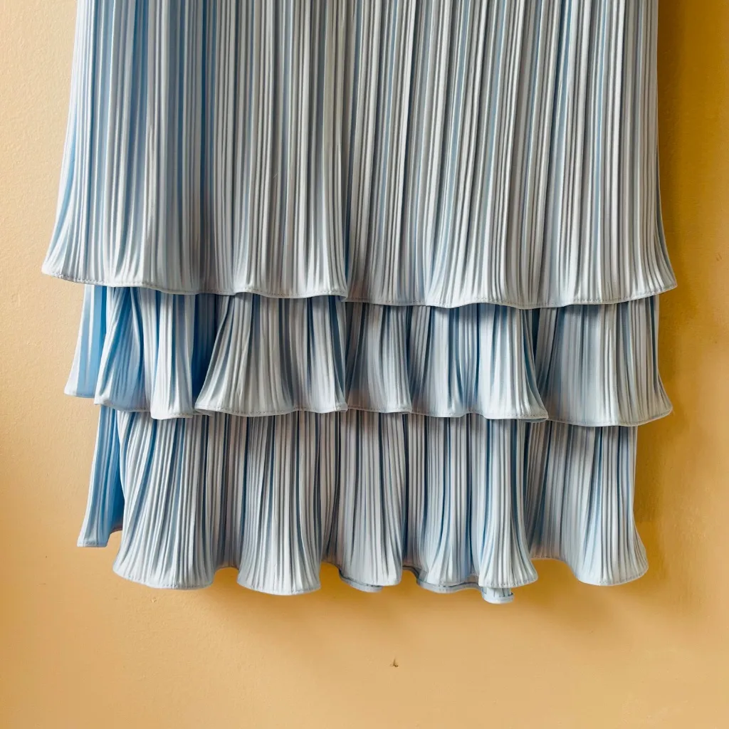 VTG 1970 Sz 12 Dress Ruffled Multi Tiered Accordion Pleated Short Sleeve‎ Blue - Image 5