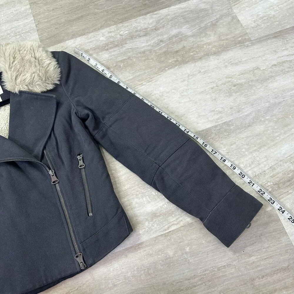 Club Monaco Krisi Gray Faux Fur Collar Asymmetrical Zip Twill Moto Jacket - Image 8