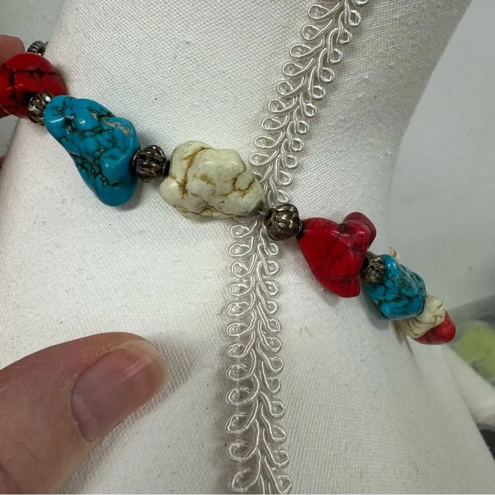 Handmade Artisan Teal Red & Natural Stone Beaded Necklace Jewelry Artsy Painted Green - Image 4