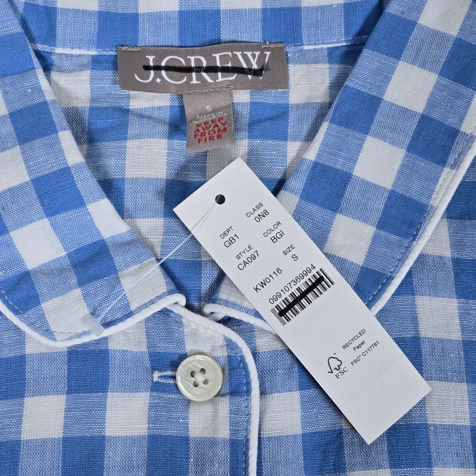J. Crew Short Sleeve Blue White Gingham Linen-Cotton Pajama Top‎ S NWT - Image 3