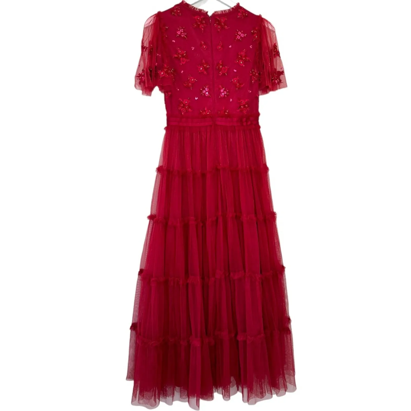 Ivy City Co. Embroidered Tulle Midi Red Floral Beaded Short Sleeve Size XS - Image 8