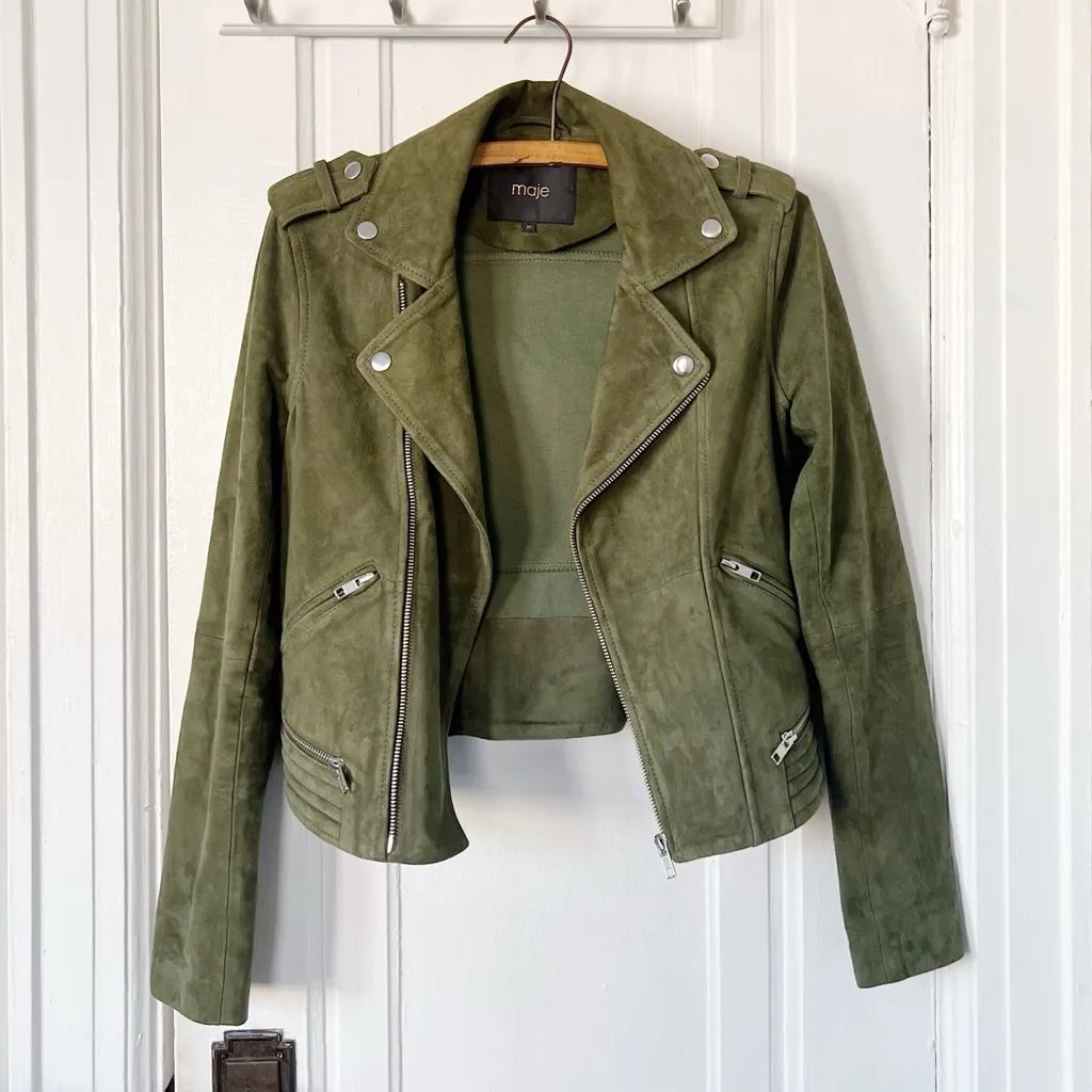 Maje • Basalt Suede Biker Jacket olive green leather moto asymmetrical zip front - Image 5