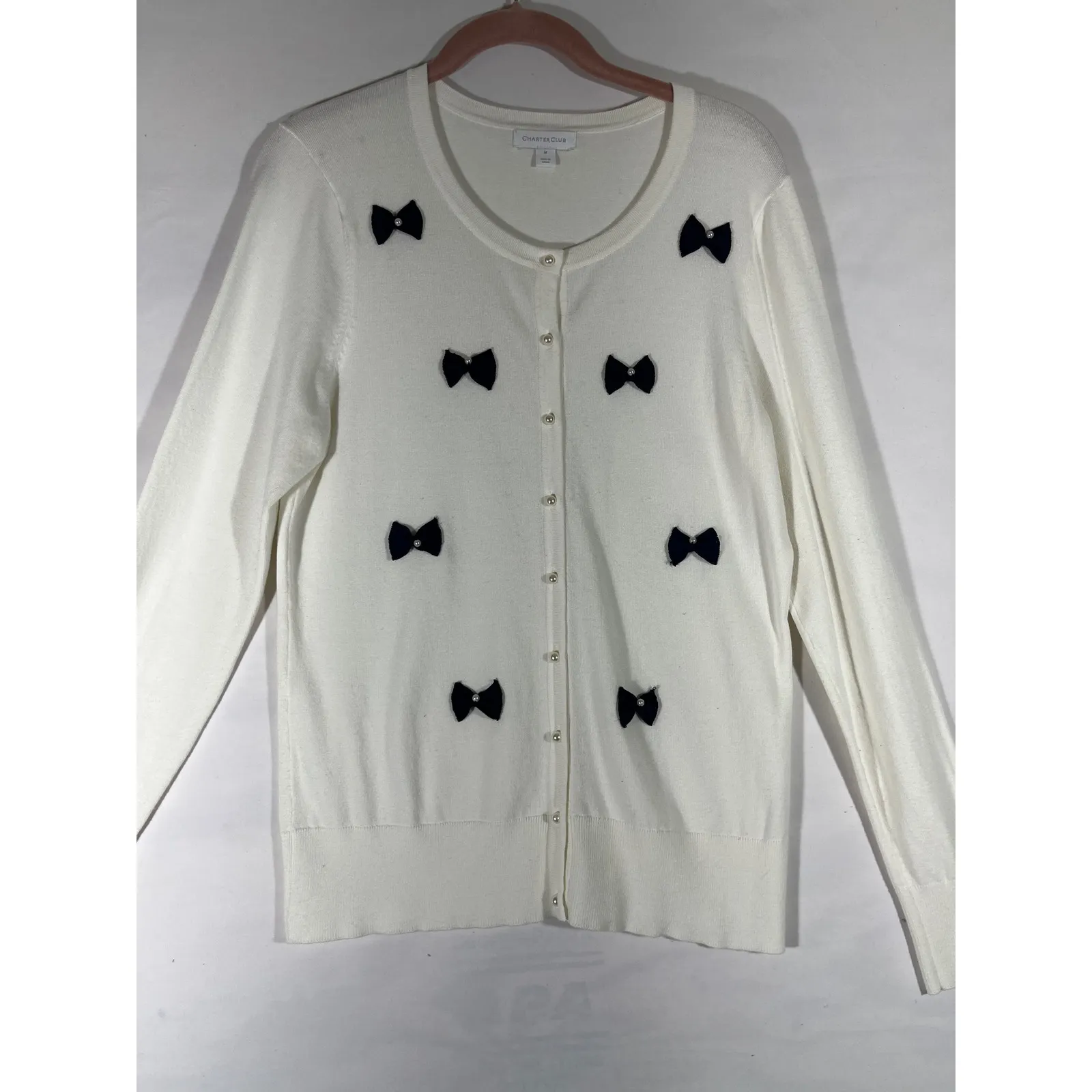 Charter Club Women Knit Cardigan Navy Bow Pearl Button Preppy Feminine White M - Image 2