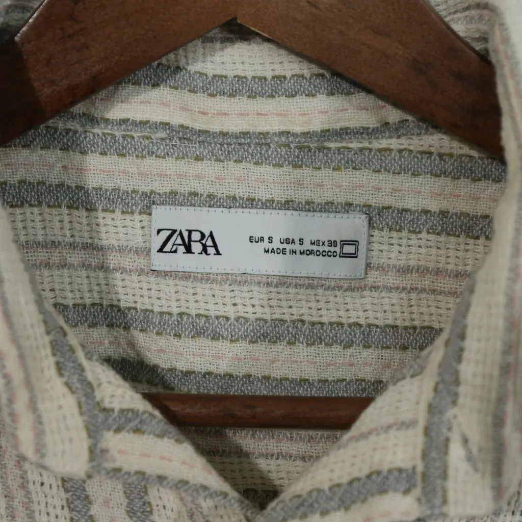 Zara Striped Short Sleeve Button Down Top Fringe d Size S - Image 3