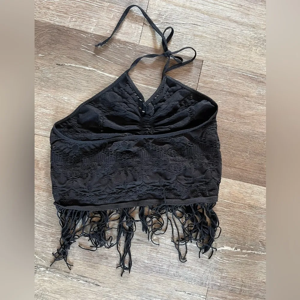 Free People Black Halter Neck Fringe Crop Top - Image 5