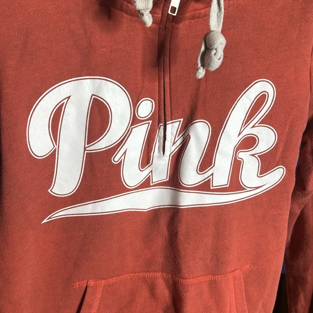 PINK Victoria's Secret Coral 3/4 Zip Hoodie with White Accents Size XS Oversized - Image 3