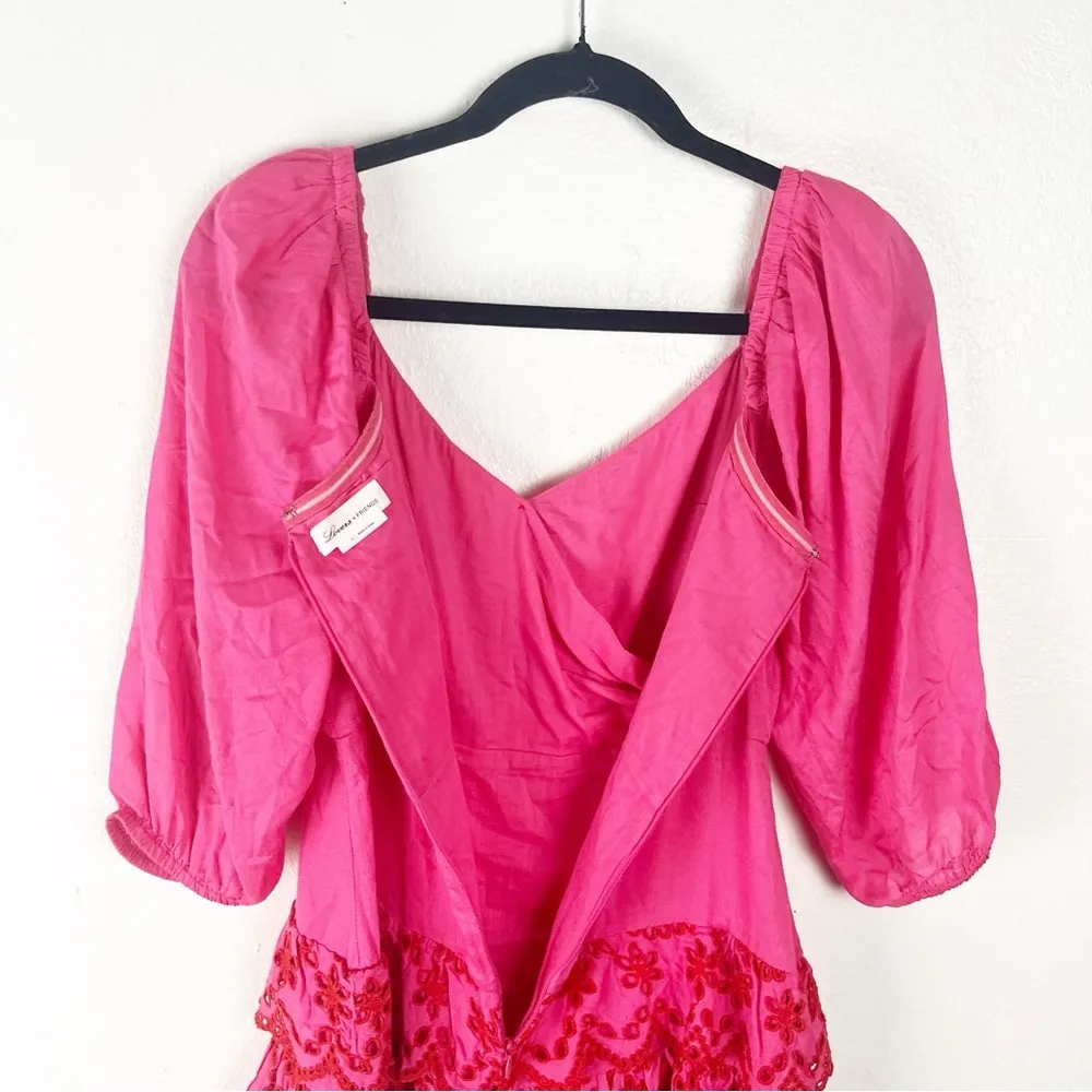 LOVERS + FRIENDS Aella Red Pink Ruffle Embroidered Hem Long Sleeves Dress Small - Image 10