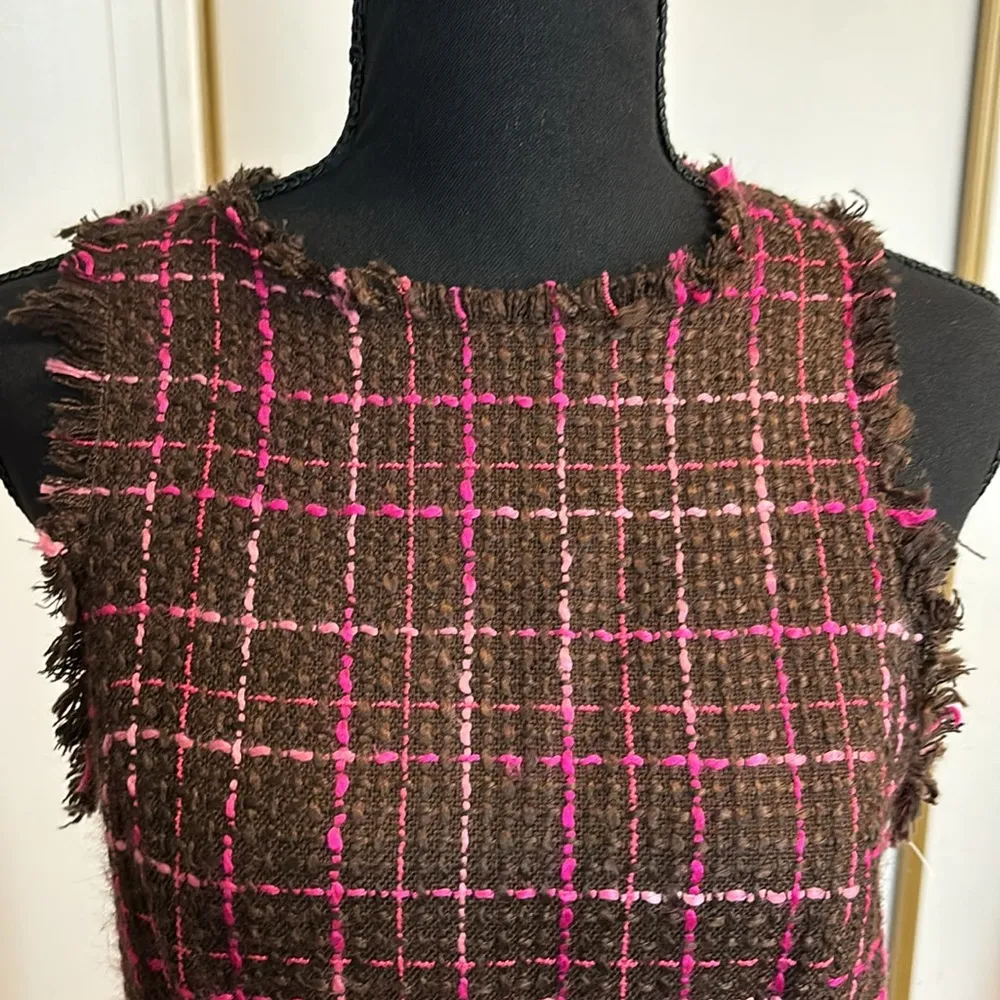 Brown and Pink Vintage Sleeveless Tweed Dress - Image 2