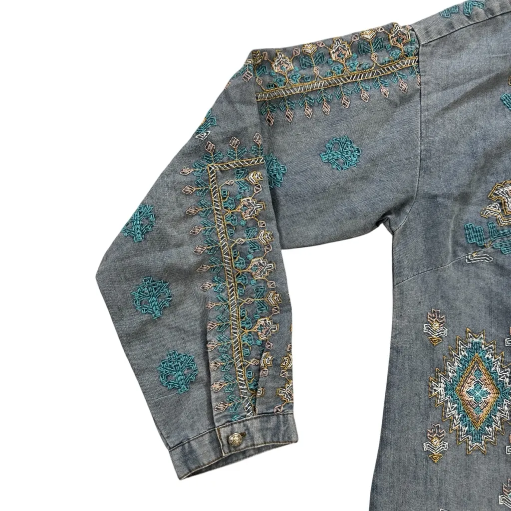 Indigo Thread Co. Embroidered Denim Jean Midi Long Sleeve Button Up Slit Dress Blue - Image 7